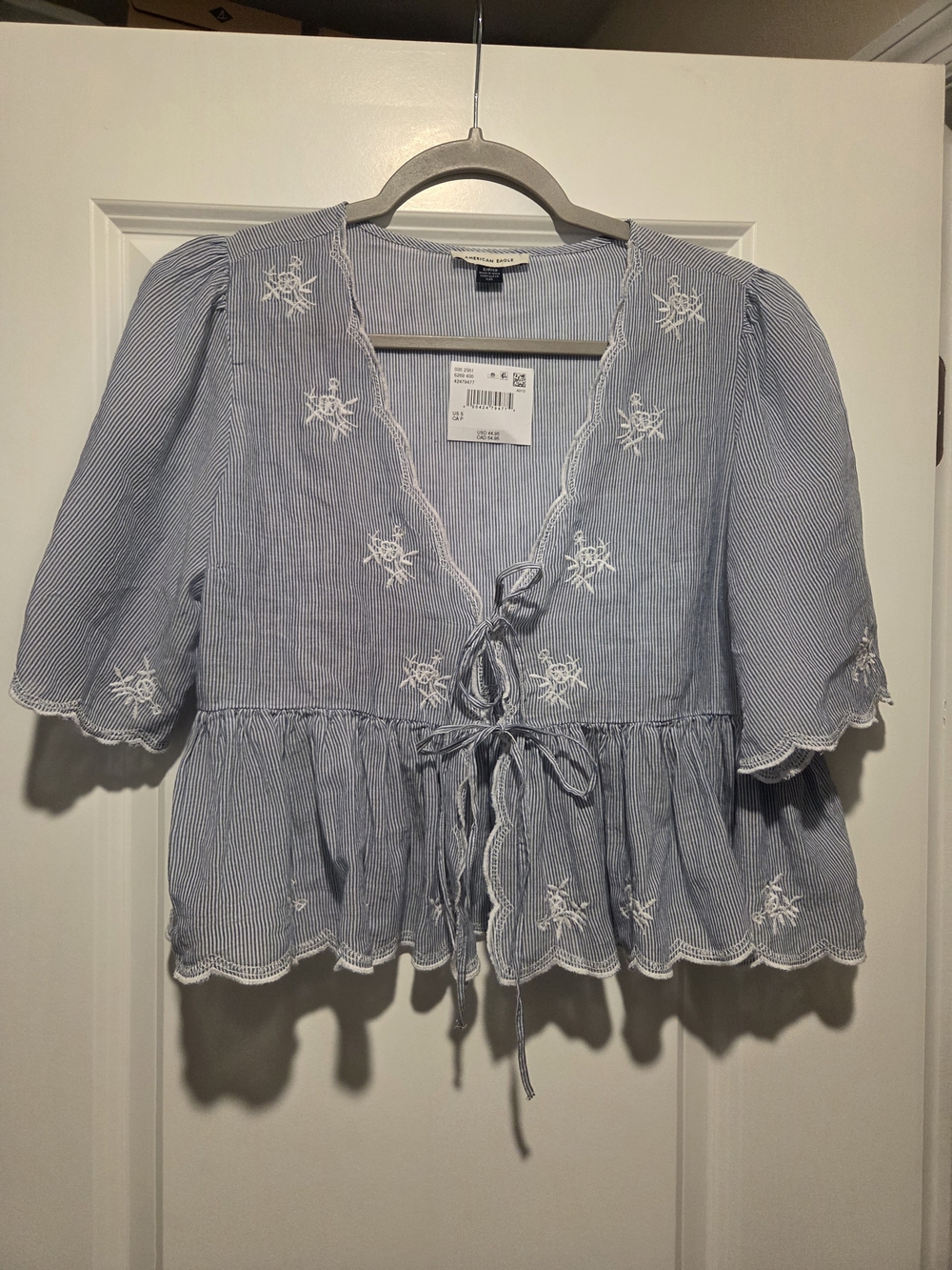 American Eagle Outfitters Light Blue Striped Embroidered Tie-Front Peplum Top